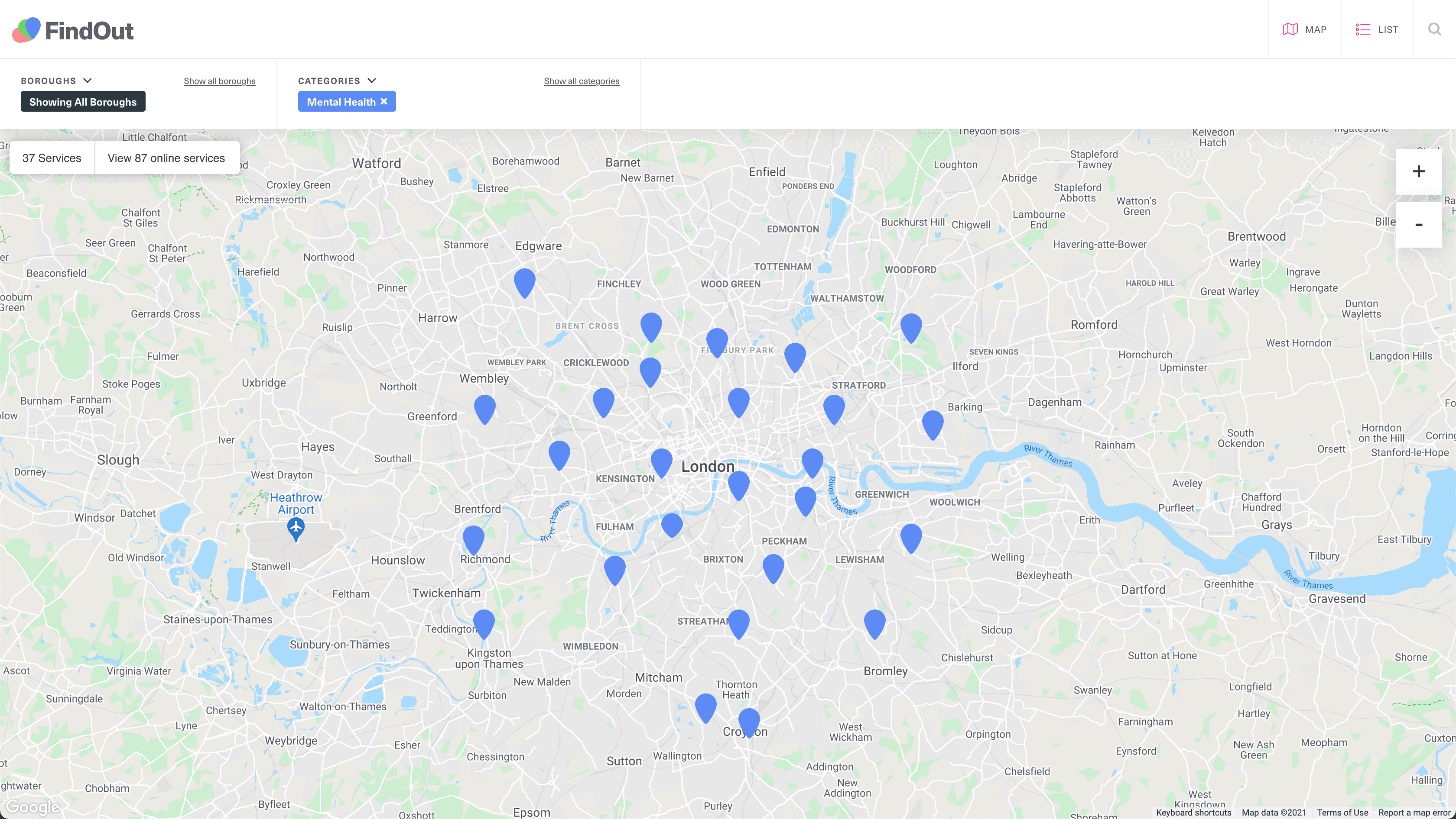 Showing the map of the FindOut App with markers placed across London.