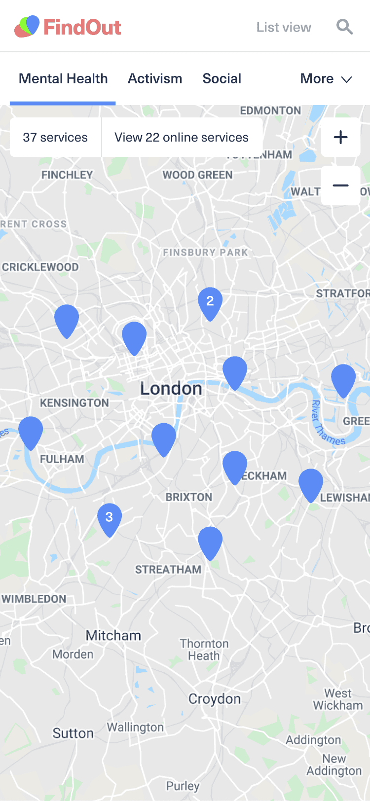 The mobile map of the FindOut App with markers placed across London.